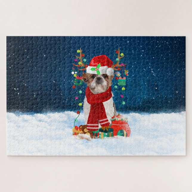 Quebra-cabeça Shih Tzu com presentes de Natal (Horizontal)