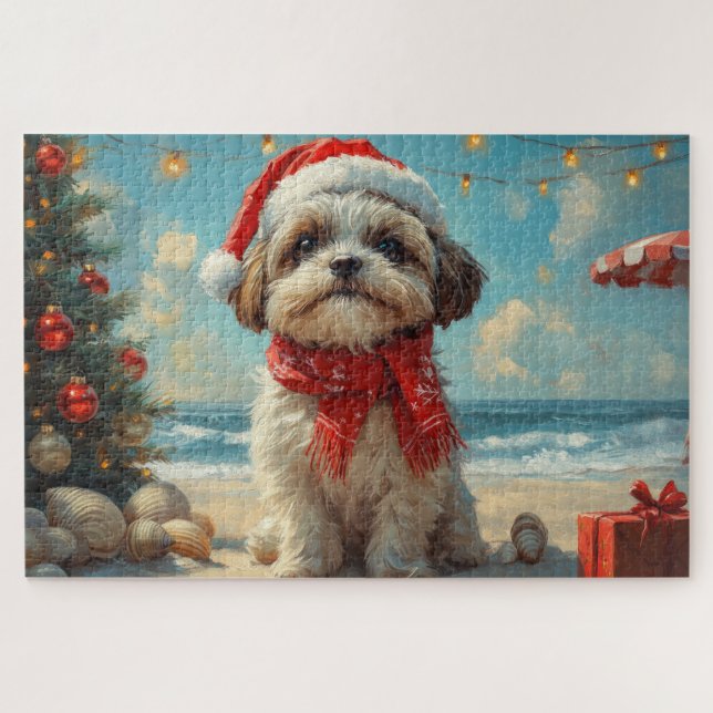 Quebra-cabeça Shih Tzu Dog Christmas Vintage Beach (Horizontal)