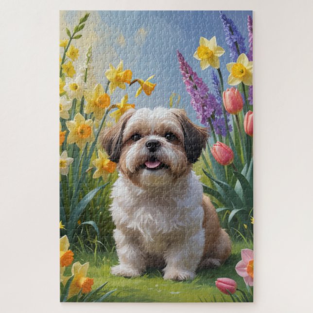 Quebra-cabeça Shih Tzu Dog Spring Flowers Painting (Vertical)