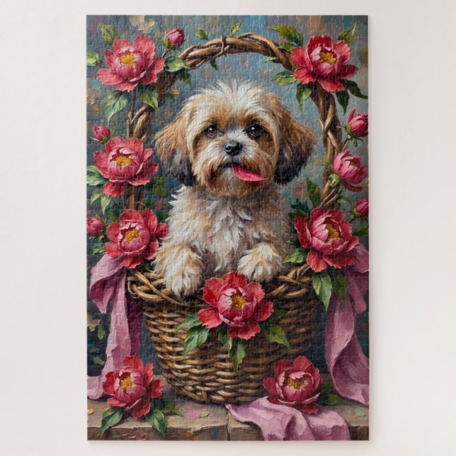 Quebra-cabeça Shih Tzu Dog Valentine's Day Peony Flower Basket (Vertical)