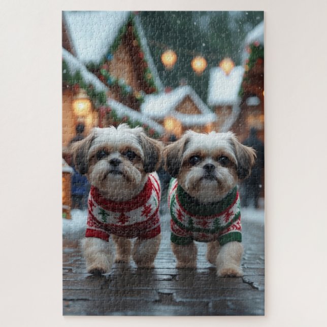 Quebra-cabeça Shih Tzu Dogs Christmas Snow Holiday (Vertical)