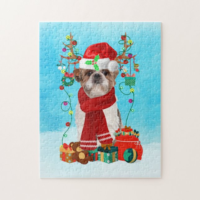 Quebra-cabeça Shih Tzu na neve com presentes de Natal (Vertical)