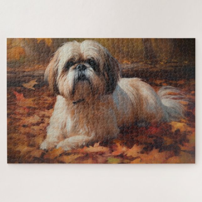 Quebra-cabeça Shih Tzu nas Folhas de Outono Caem Inspiração (Horizontal)
