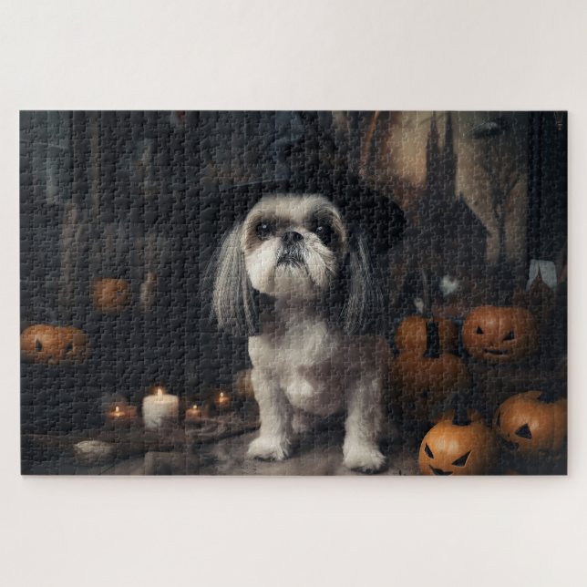 Quebra-cabeça Shih Tzu Pumpkins Halloween Scary (Horizontal)