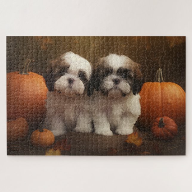 Quebra-cabeça Shih Tzu Puppy Autumn Delight Pumpkin (Horizontal)