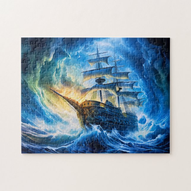 Quebra-cabeça Ship in Glowing Blue Ocean Fantasy Painting (Horizontal)