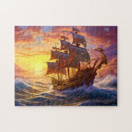 Quebra-cabeça Ship in Golden Sunset Storm Fantasy Painting