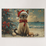 Quebra-cabeça Siamese Cat Christmas Vintage Beach<br><div class="desc">Traga o calor dos feriados para a costa com esta charmosa design inspirada na vintagem, apresentando um Gato festivo sentado numa praia de sereno. Com um clássico toque de feriado de tons nostálgicos e vibrações costeiras, esta trabalho de arte captura a magia do Natal pelo mar. Perfeito para espalhar alegria...</div>
