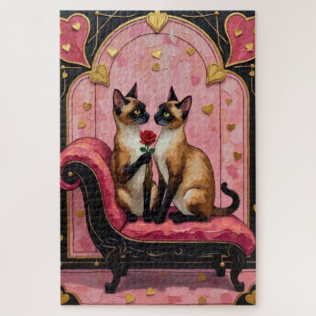Quebra-cabeça Siamese Cat Couple Art Deco Valentine's Day (Vertical)