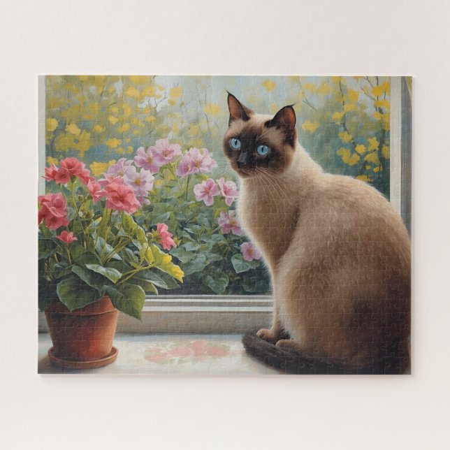 Quebra-cabeça Siamese Cat in the Window with Garden View (Horizontal)