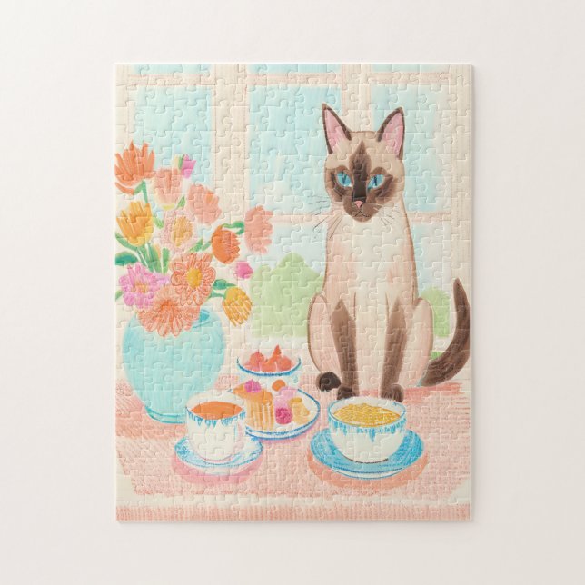 Quebra-cabeça Siamese Cat & Tea Time Jigsaw Puzzle  (Vertical)