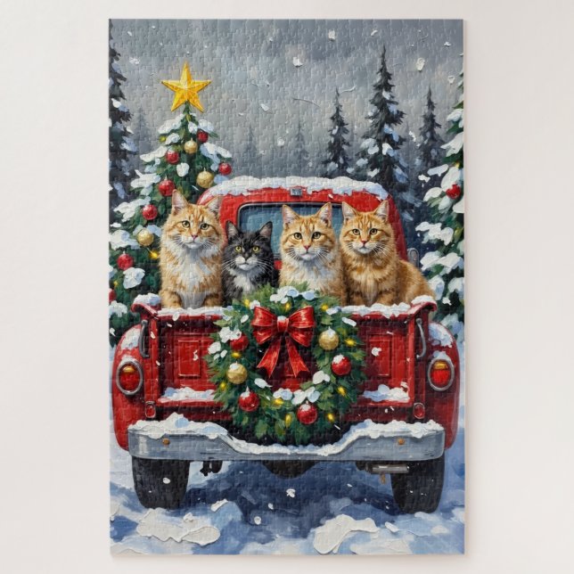 Quebra-cabeça Siberian Cat Christmas Red Truck Holiday (Vertical)