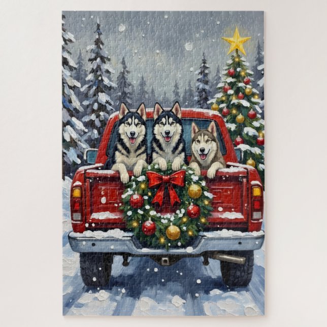Quebra-cabeça Siberian Husky Christmas Red Truck Holiday (Vertical)