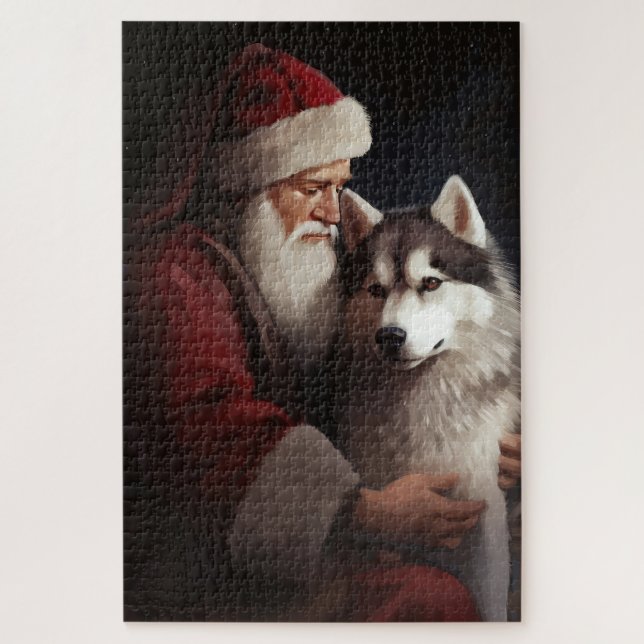 Quebra-cabeça Siberian Husky com Papai Noel Natal Festivo (Vertical)