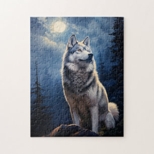 Quebra-cabeça Siberian Husky numa noite iluminada pela lua