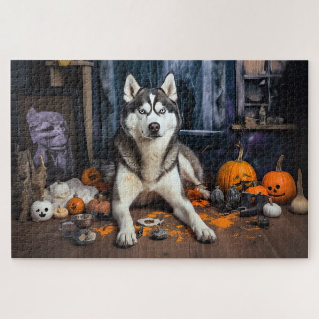Quebra-cabeça Siberian Husky Pumpkins Halloween Scary (Horizontal)