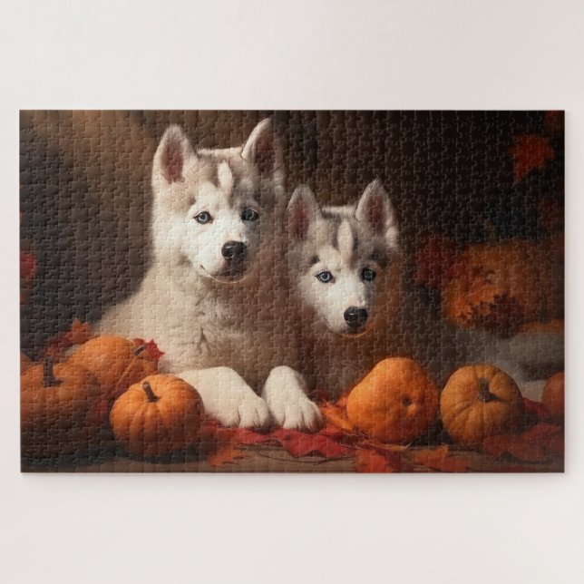 Quebra-cabeça Siberian Husky Puppy Autumn Delight Pumpkin (Horizontal)