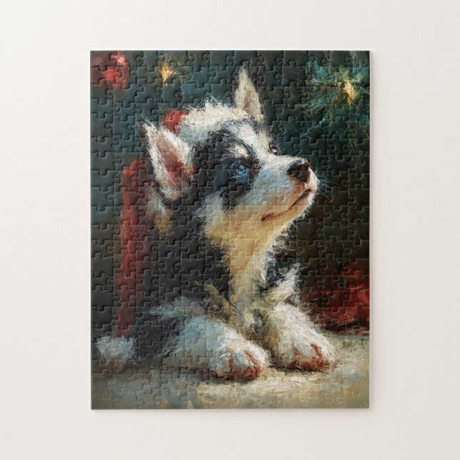 Quebra-cabeça Siberian Husky Puppy Christmas Painting (Vertical)