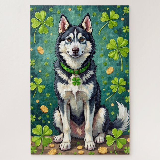 Quebra-cabeça Siberian Husky St Patrick’s Day Lucky Dog (Vertical)