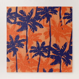 Quebra-cabeça Silhueta azul de palma, fundo laranja