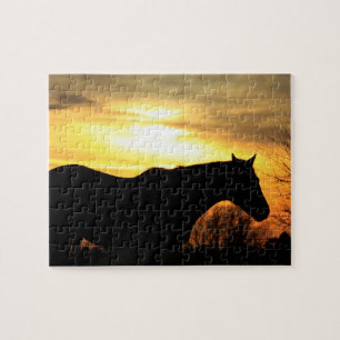 Quebra-cabeça Silhueta de Kansas Horse Ouro Orange Sunset