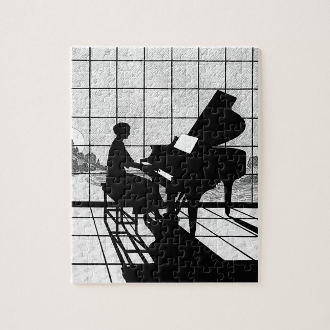 Quebra-cabeça Silhueta de Piano Estilo Art Déco | Preto e Branco (Vertical)