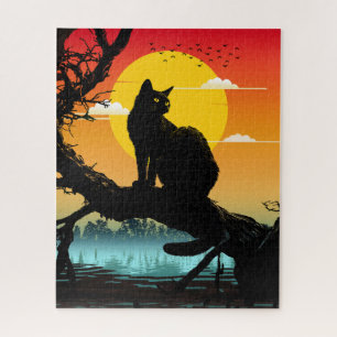 Quebra-cabeça Silhueta do pôr do sol gato e árvore