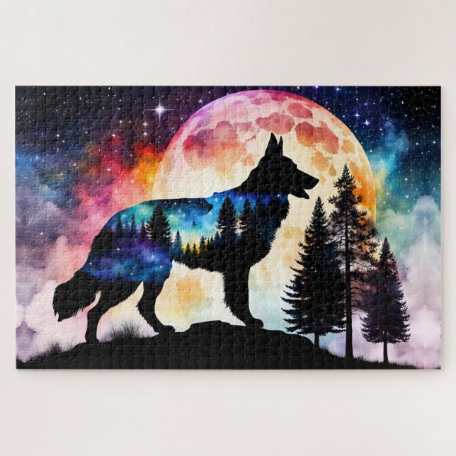 Quebra-cabeça Silhueta german shepherd na Lua Montanha (Horizontal)
