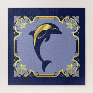 Quebra-cabeça Silhueta náutica de golfinho/ouro/marinho azul