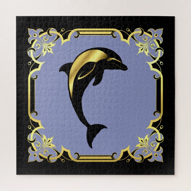 Quebra-cabeça Silhueta náutica de golfinhos/ouro/jigsa negra/neg (Vertical)
