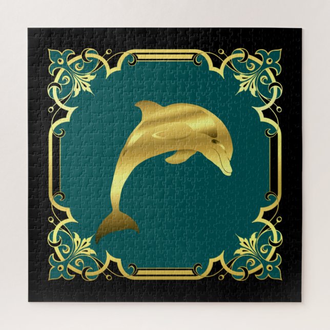 Quebra-cabeça Silhueta náutica de golfinhos/ouro/preto/aqua (Vertical)