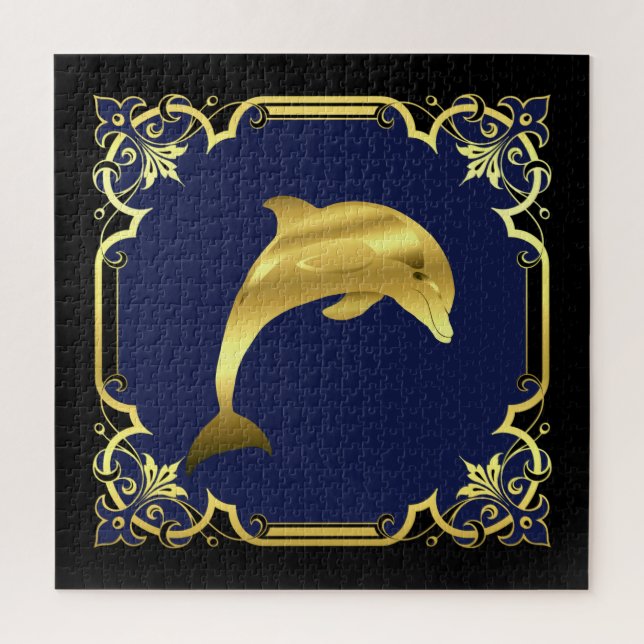 Quebra-cabeça Silhueta náutica de golfinhos/ouro/preto/marinho (Vertical)