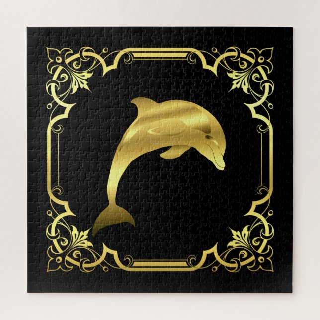 Quebra-cabeça Silhueta náutica de golfinhos/ouro/preto/preto (Vertical)