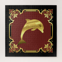 Silhueta náutica de golfinhos/ouro/preto/vermelho