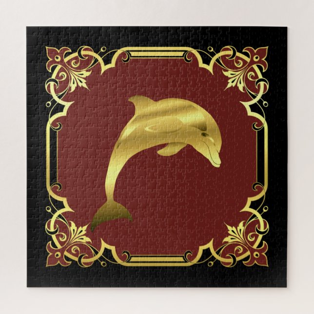 Quebra-cabeça Silhueta náutica de golfinhos/ouro/preto/vermelho (Vertical)