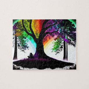 Quebra-cabeça Silhute branco e preto Abstrato Rainbow Sky