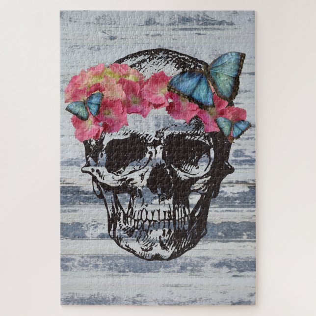 Quebra-cabeça Skull Hydrangea Blue Butterfly Art (Vertical)