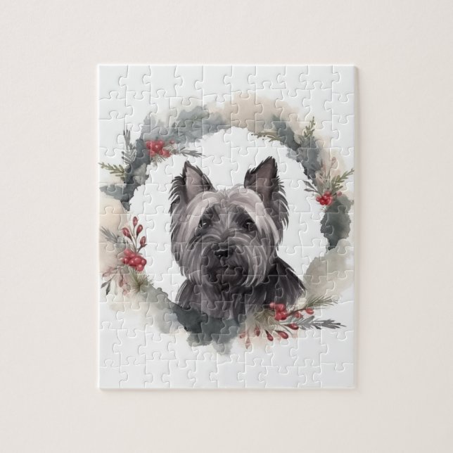 Quebra-cabeça Skye Terrier Christmas Wreath Festivo Pup (Vertical)
