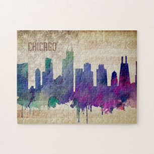 Quebra-cabeça Skyline da cidade da aguarela de Chicago, IL  