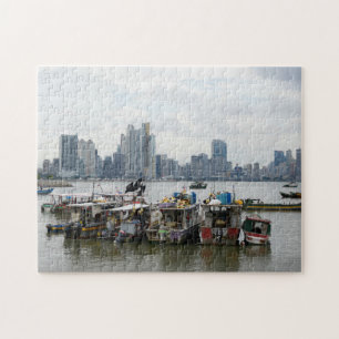 Quebra-cabeça Skyline da Cidade do Panamá com barcos de pesca