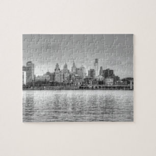 Quebra-cabeça Skyline de Philadelphfia em preto e branco
