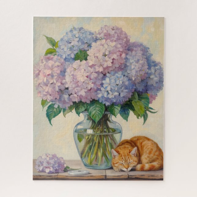 Quebra-cabeça Sleeping Ginger Cat and Hydrangeas (Vertical)