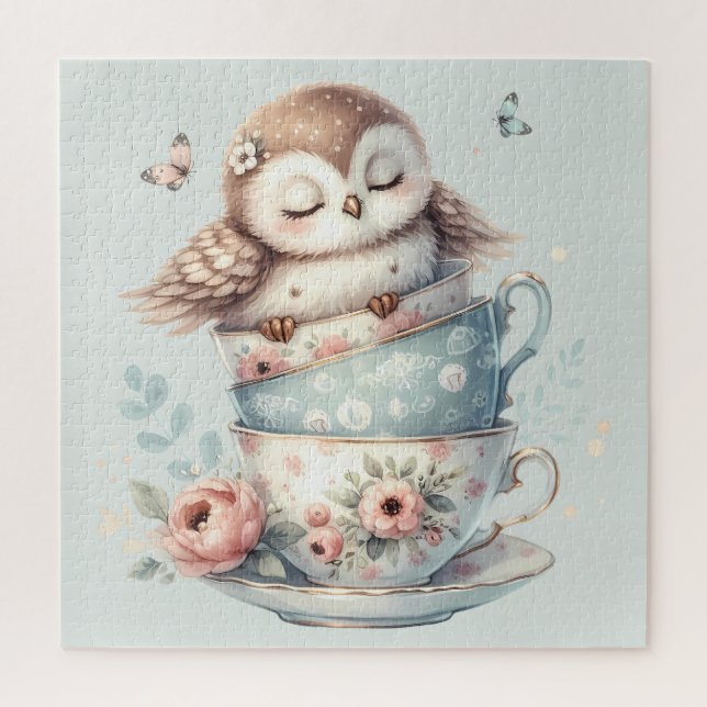 Quebra-cabeça Sleeping Owl in Stacked Floral Teacups (Vertical)