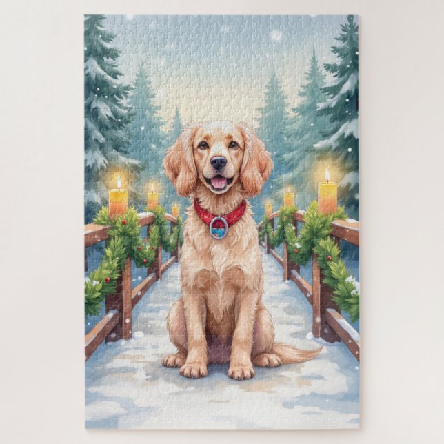 Quebra-cabeça Snowy Bridge Boykin Spaniel Christmas Art (Vertical)