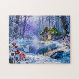 Quebra-cabeça Snowy Enchanted Forest Cottage with Bridge and Glo