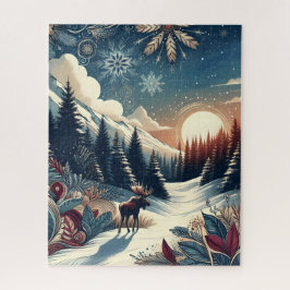 Quebra-cabeça Snowy Night Moose Forest Mountain Boho