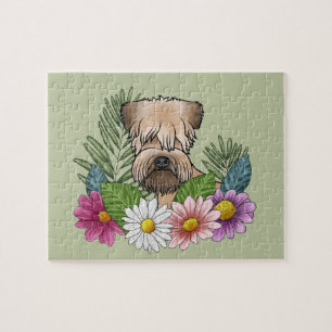 Quebra-cabeça Soft-Coated Wheaten Terrier Flores Coloridas Verde