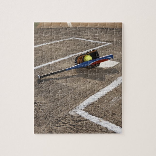 Quebra-cabeça Softball, luva de softball e taco em casa (Vertical)