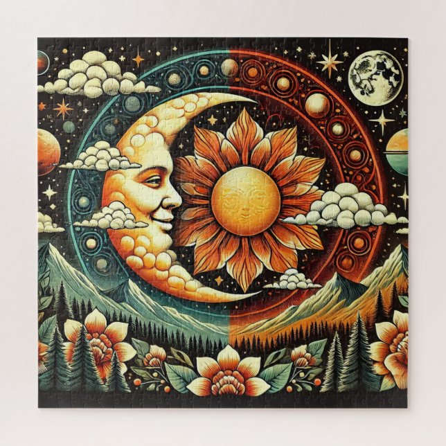 Quebra-cabeça Sol e Lua Caprichosos em um Cosmos Surreal (Vertical)