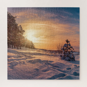 Quebra-cabeça Sol sobre neve, costa marítima de inverno